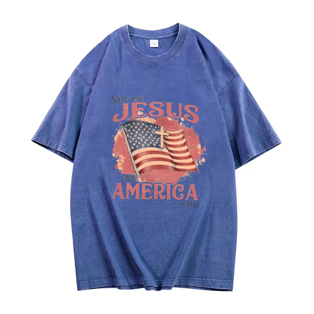 彼女はイエスとアメリカも愛しているクリスチャン Tシャツファッションカジュアルグラフィック Tシャツルーズ O ネック半袖 Tシャツ女性の Tシャツ