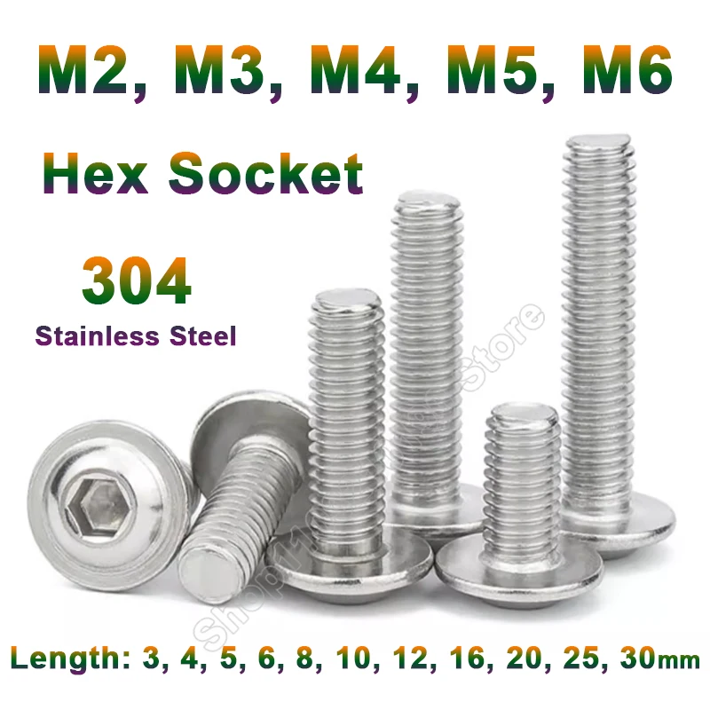 

20-100Pcs M2 M3 M4 M5 M6 304 A2 Stainless Steel Hex Hexagon Socket Allen Round Button Flange Head With Washer Collar Bolt Screws