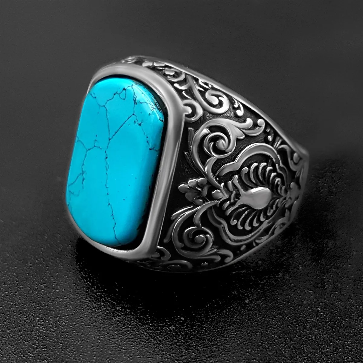 

Elegant Stamped Solid 925 Sterling Silver Ottoman Motif Turquoise Stone Men's Ring Punk Chic Accessory Handmade Jewelry Gift