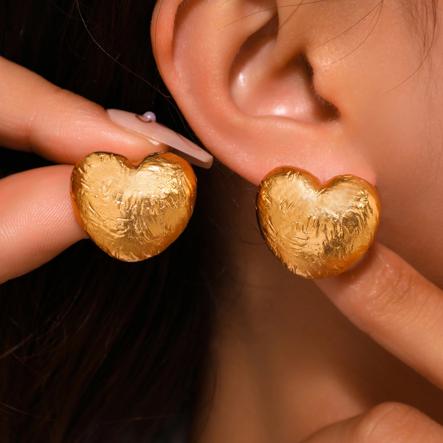 YAJUNIEL 24K Real Gold Plated Textured Heart Stud Earrings for Women Hypoallergenic Puffy Love Earrings Elegant Jewelry Gifts