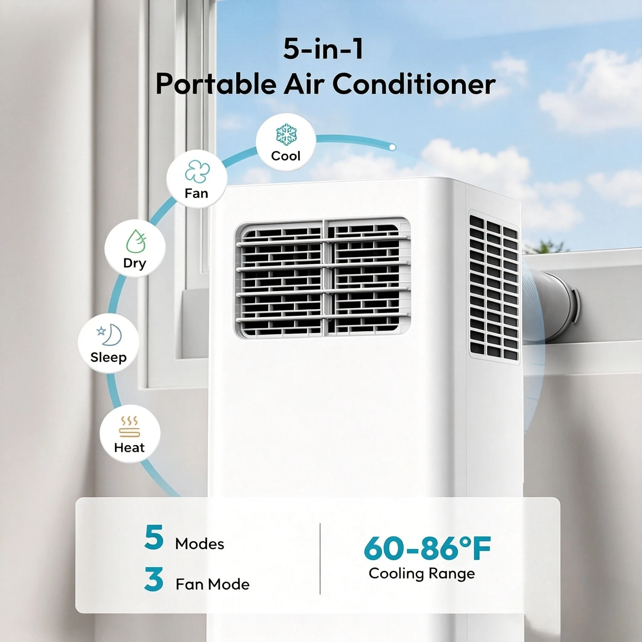 EKOJUCE 5‑in‑1 Portable AC Machine, 12000 BTU Multi‑Functional Air Conditioner Supports Cool, Fan, Dry, Heat and Sleep Mode, LED Handheld Remote, 24H Programmable Timer, Installation Accessories Included for Bedrooms