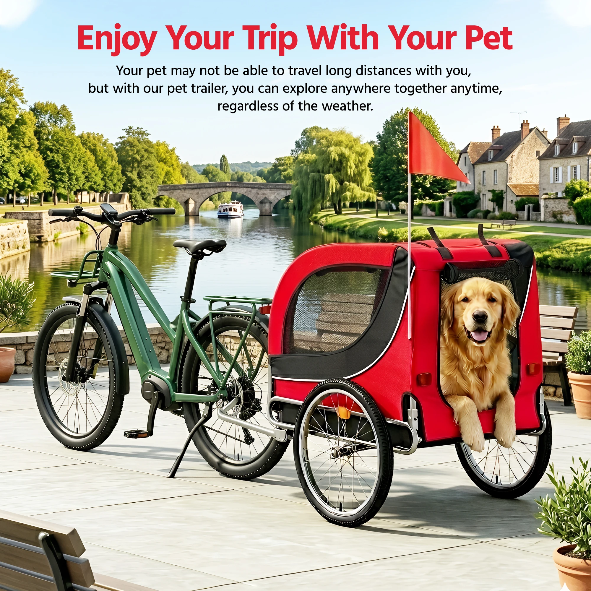 Remorque de vélo pour chien, capacité de charge 45 kg, cadre en acier carbone avec tissu Oxford 600D et matériau PP, chariot pliable pour animaux de compagnie, dimensions dépliées 1380 x 710 x 900 mm, dimensions repliées 780 x 640 x 200 mm, ROUGE