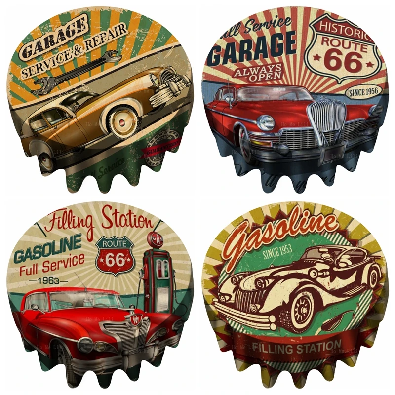 Vintage Car Posters Classic Racing Garage Grunge Metal Signposts Route 66 Round Tablecloth By Ho Me Lili For Tabletop Decor