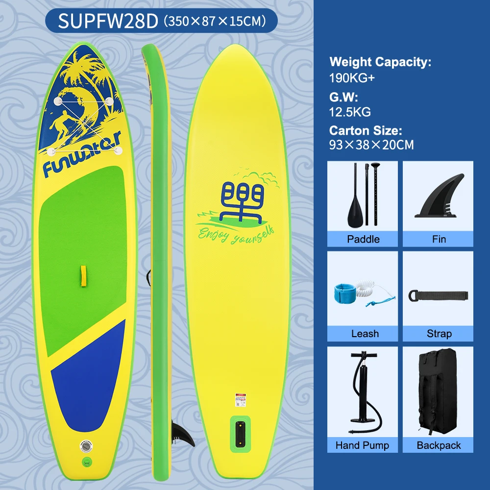 FunWater SUPFR01E 320cm-350cm Aufblasbares Stand-Up-Paddle-Board Surfbrett Komplettes Paddleboard-Zubehör Verstellbares Paddel, Pumpe, ISUP-Reiserucksack, Leash, Wasserdichte Tasche,