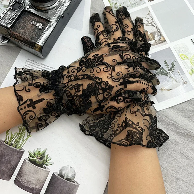 Kobiety impreza z okazji Halloween Mesh pełny palec krzyż czaszki rękawiczki Sexy czarne koronkowe lato Stretch jazda na rowerze, jazda samochodem rękawice przeciwsłoneczne R44 — zdjęcie 2