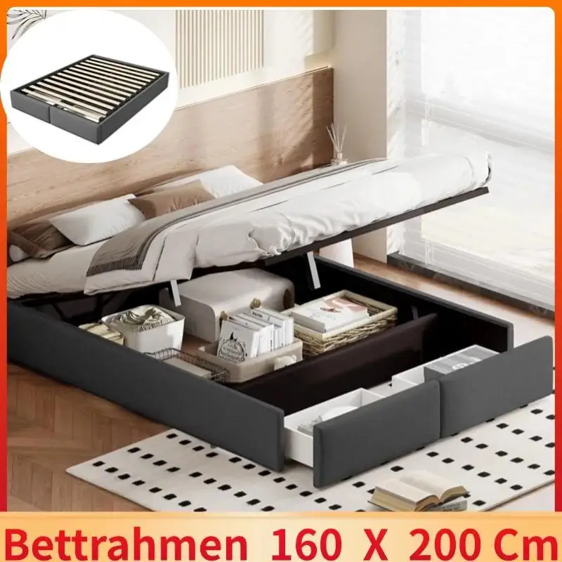 Flat bed upholstered Bed 160x200 cm,Double bed,Adult bed with 2 drawers and slatted base, without headboard, Linen