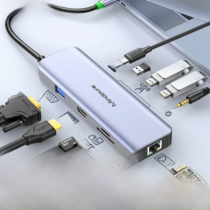 Mindpure USB C HUB 4K60Hz Type C to HDMI2.0 RJ45 USB PD100W 8 in 1 Adapter Docking station For MacBook Air Pro Notebook Computer