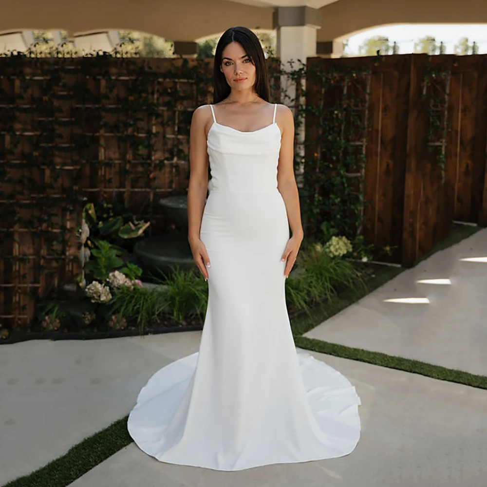 

Civil Mermaid Bridal Dresses Simple Spaghetti Strap Sleeveless Wedding Dresses Buttons Elegant V Neck Wedding Gown Customized