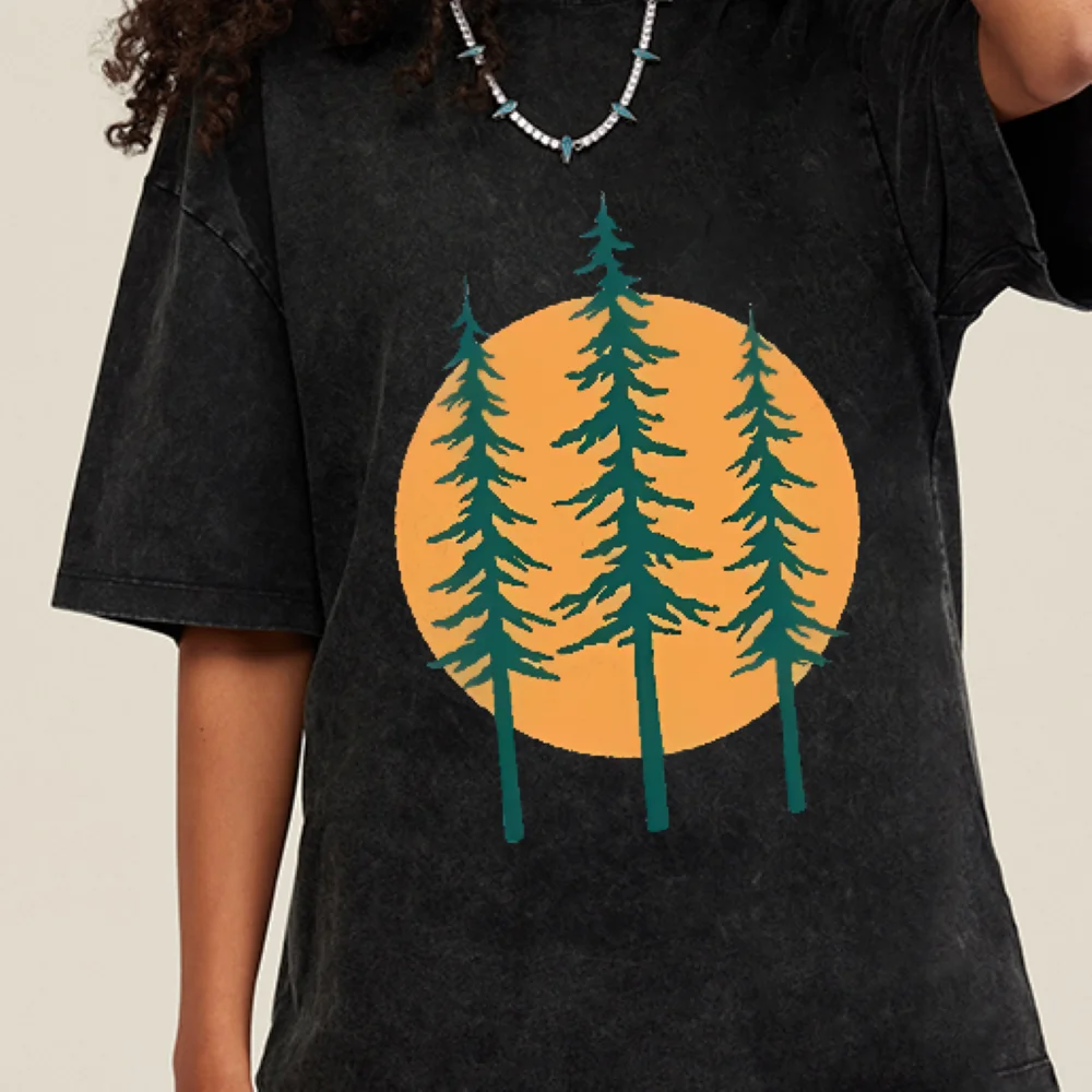 

Pine Tree Sunset Tshirt Retro Washed Fabric Nature Graphic Summer Casual Loose Short Sleeved Relaxing Outdoorwear Cloth Tops