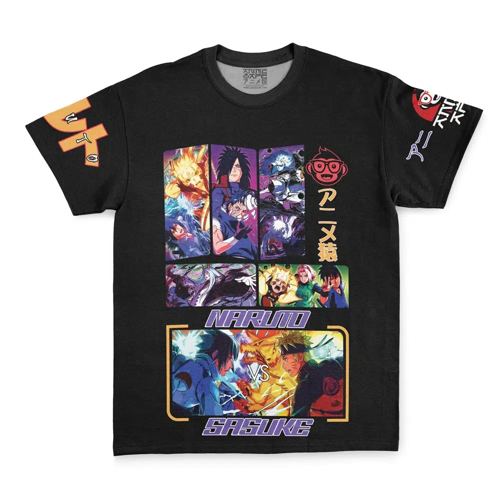 Men's Naruto Fourth Great Ninja War Front Back Matching Graphic T-Shirt, Anime Naruto Sasuke Madara Otaku Streetwear Short Sleev