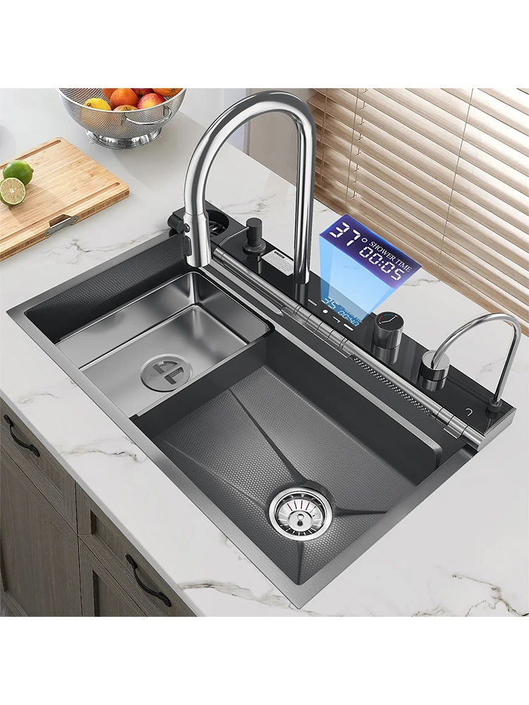 304 Edelstahl-Küchenspüle mit Digitalanzeige und Wasserfall-Armatur, Multifunktionales 75*45cm Großes Einzel-Spülbecken mit Armaturenset