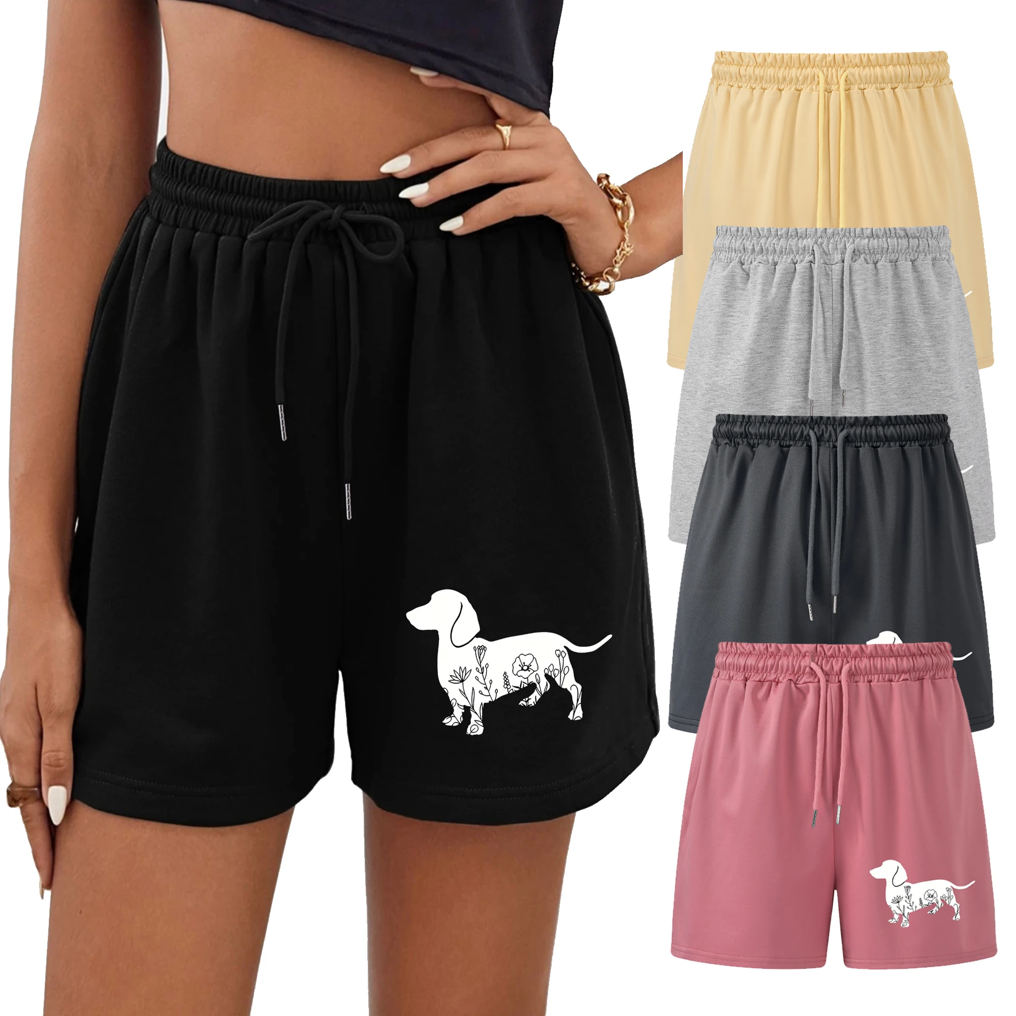 XUANSHOW Dachshund Print Drawstring Shorts, Casual Elastic Waist Pocket Shorts For Spring & Summer, Women's Clothing