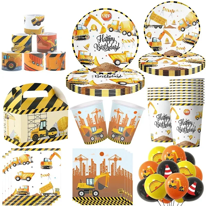 Vaisselle de fête d'anniversaire de Construction, thème de véhicule d'ingénierie, ensemble de tasses et assiettes, ballons, décorations, Kit de cadeaux pour garçon, fournitures