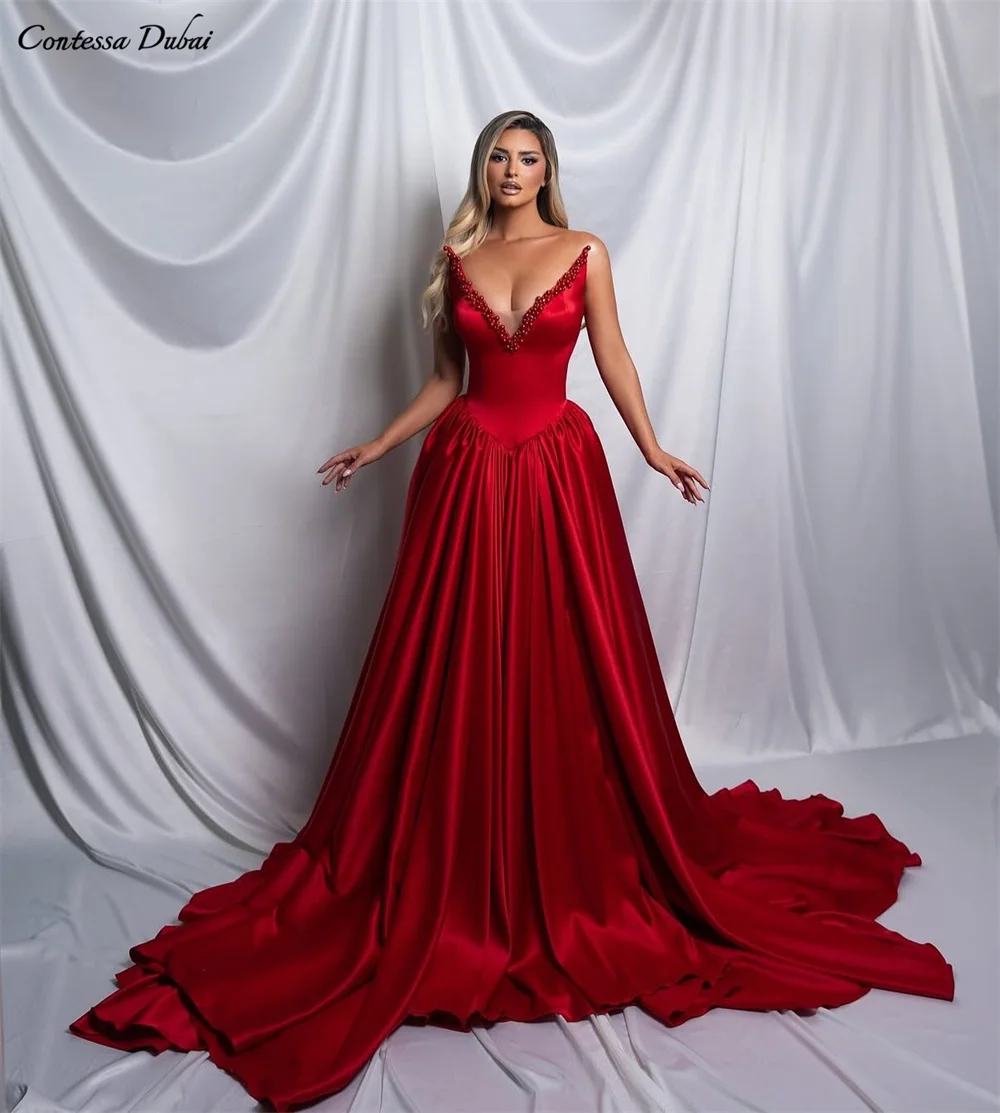 Contessa dubai personalizado luxo a linha vestido de baile com trem elegante vestidos de noche decote pérola vestido de noite formal 2025