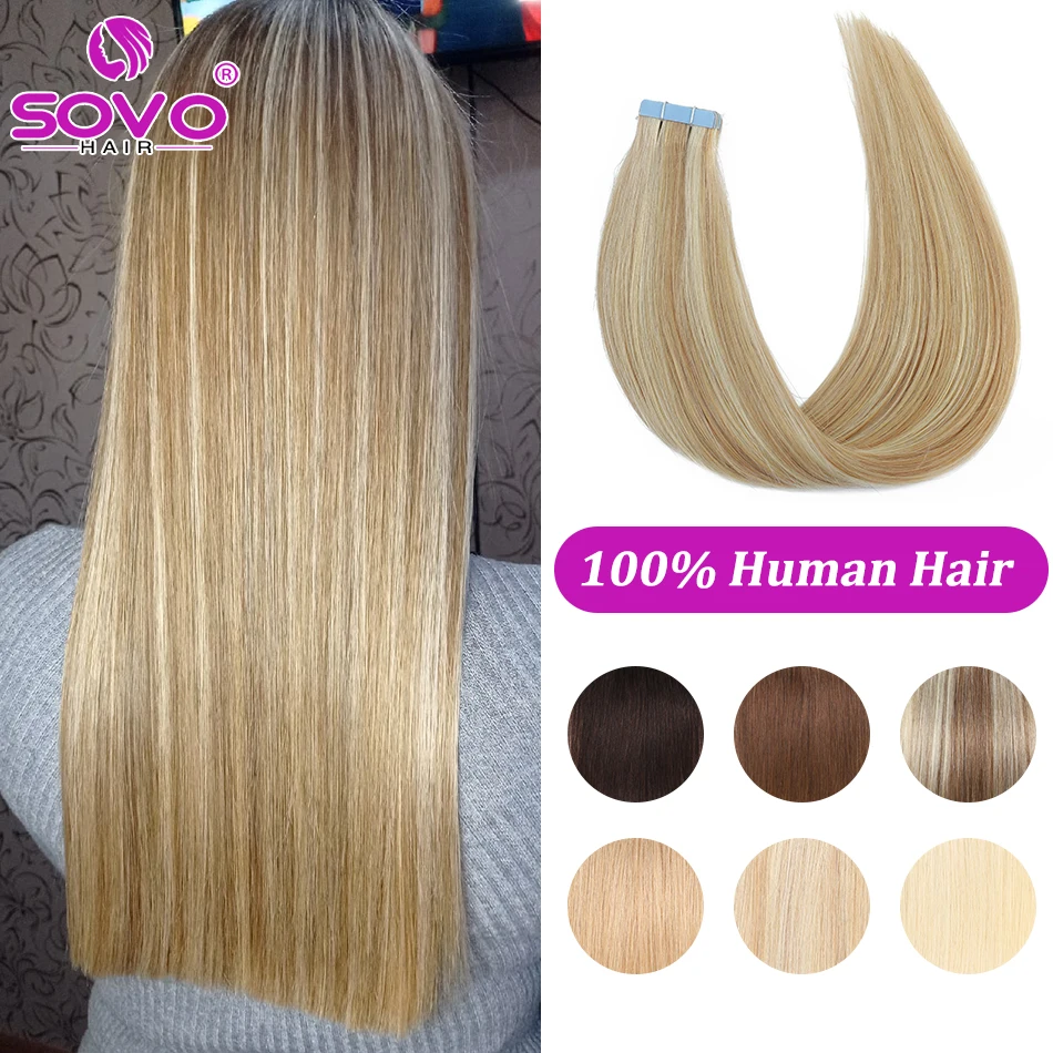 10/20/40 Pcs Tape In Hair Extensions 100% Human Hair Real Natural Hair European Straight Blonde Skin Weft Hair Extension 12-16