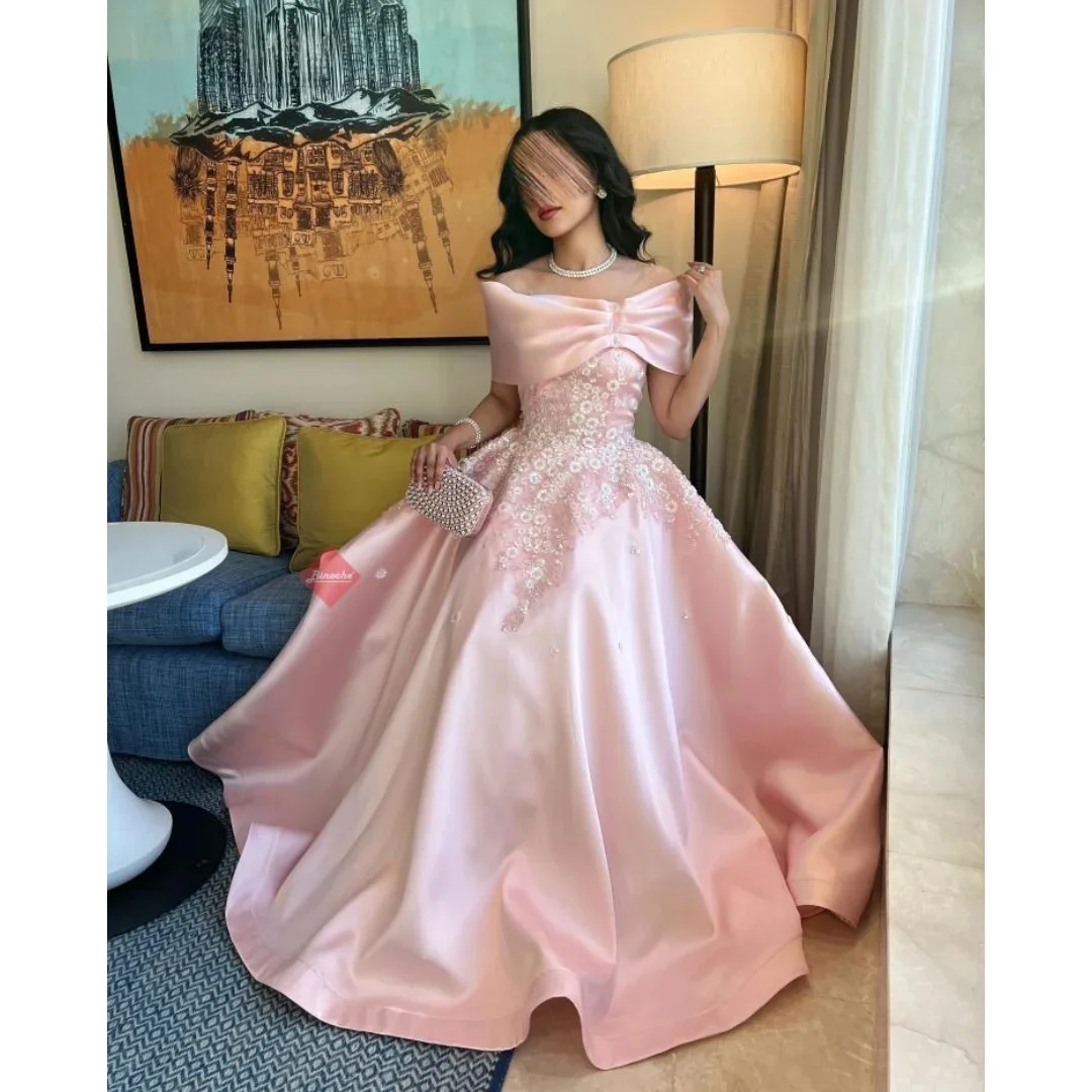 Lena Avondjurken Roze Bruiloft Jurk Satijn Op maat gemaakte Bloem Kralen Strikje Elegante Vrouw Prom Dames Speciale Gelegenheid - afbeelding 2