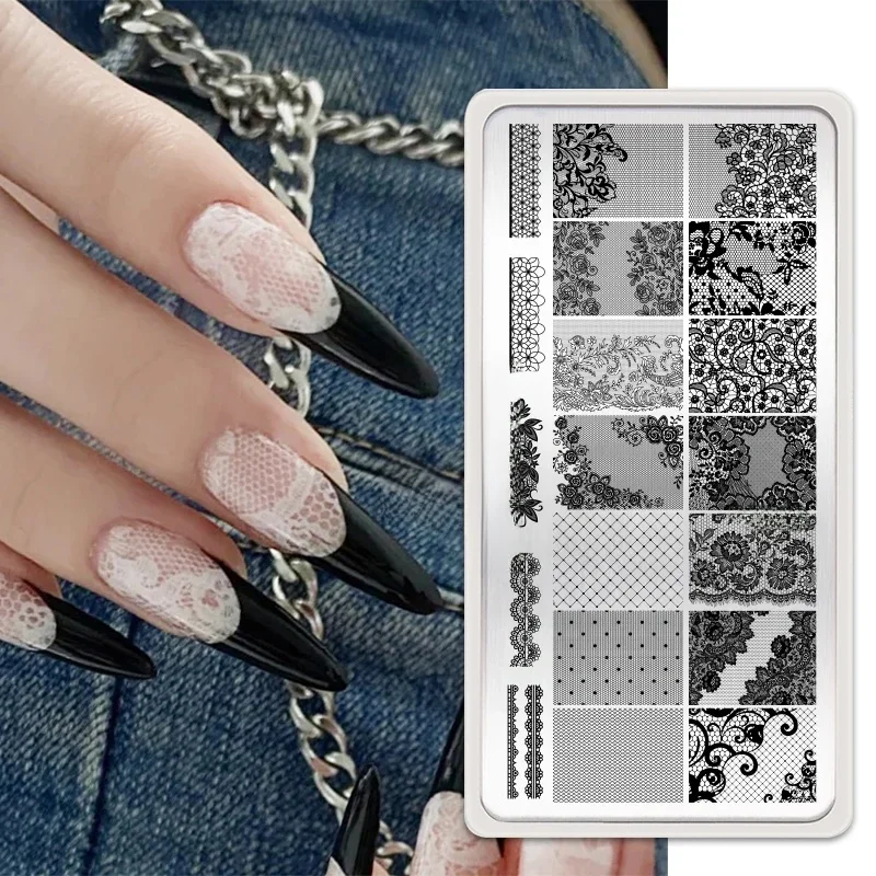 BORN PRETTY Klassische karierte französische Nagelstempelplatten, einfaches Design, Blumenblätter, Nageldruckschablone, Blumenlinien-Stempelschablone