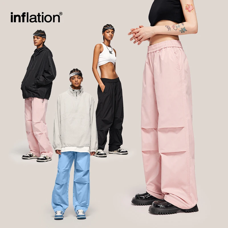 INFLATION Streetwear Parachute Pants Unisex 2024 Trendy Elastic Waist Hip Hop Trousers Mens Cargo Pants