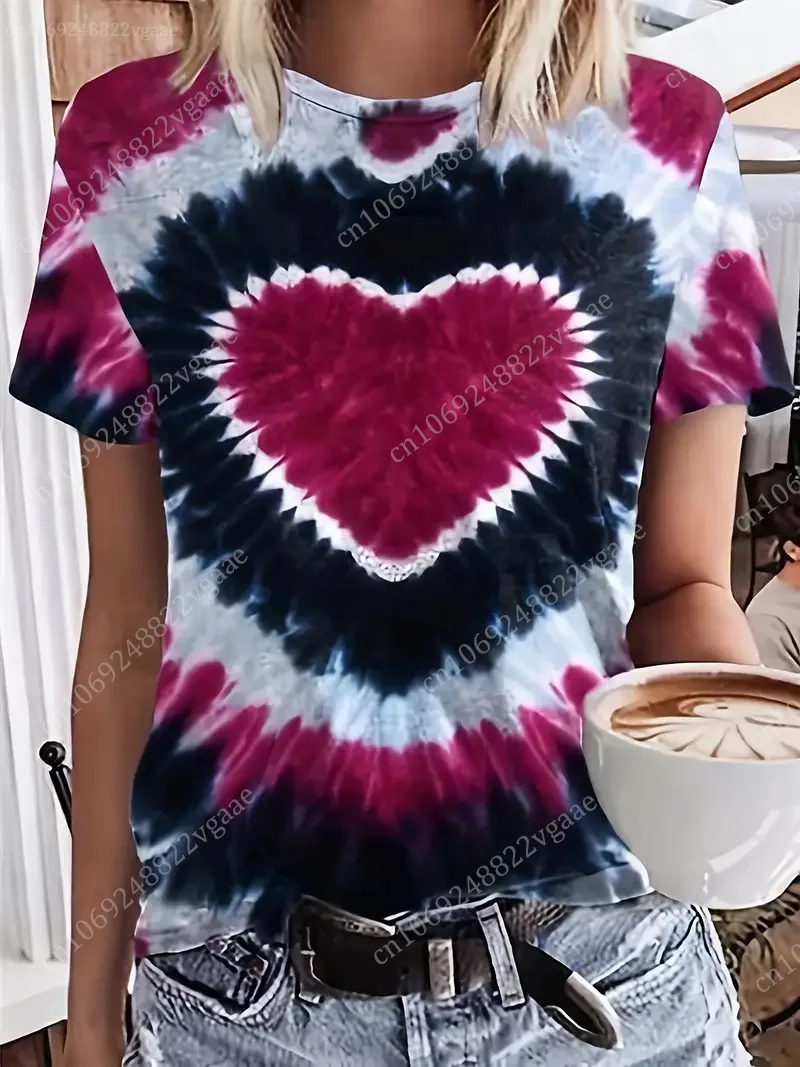 2024 Summer Colorful Rainbow T Shirt Women Fashion Tie Dye 3D Print Short Sleeve Tee Tops Oversized Clothes Couple Lover Herat