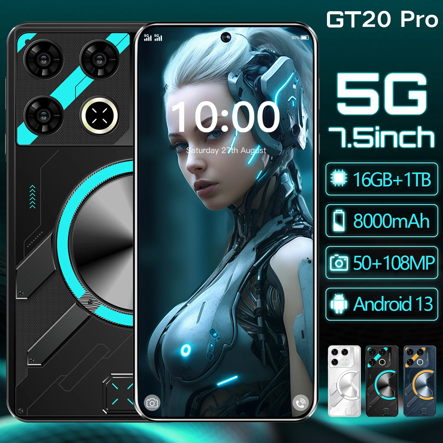 2024 NEW GT20 Pro Smartphone 5G 7.3 inch HD 16G+1TB Cell Phone Dual SIM Mobile Phones 7800mAh Cellphones Unlocked Celulares