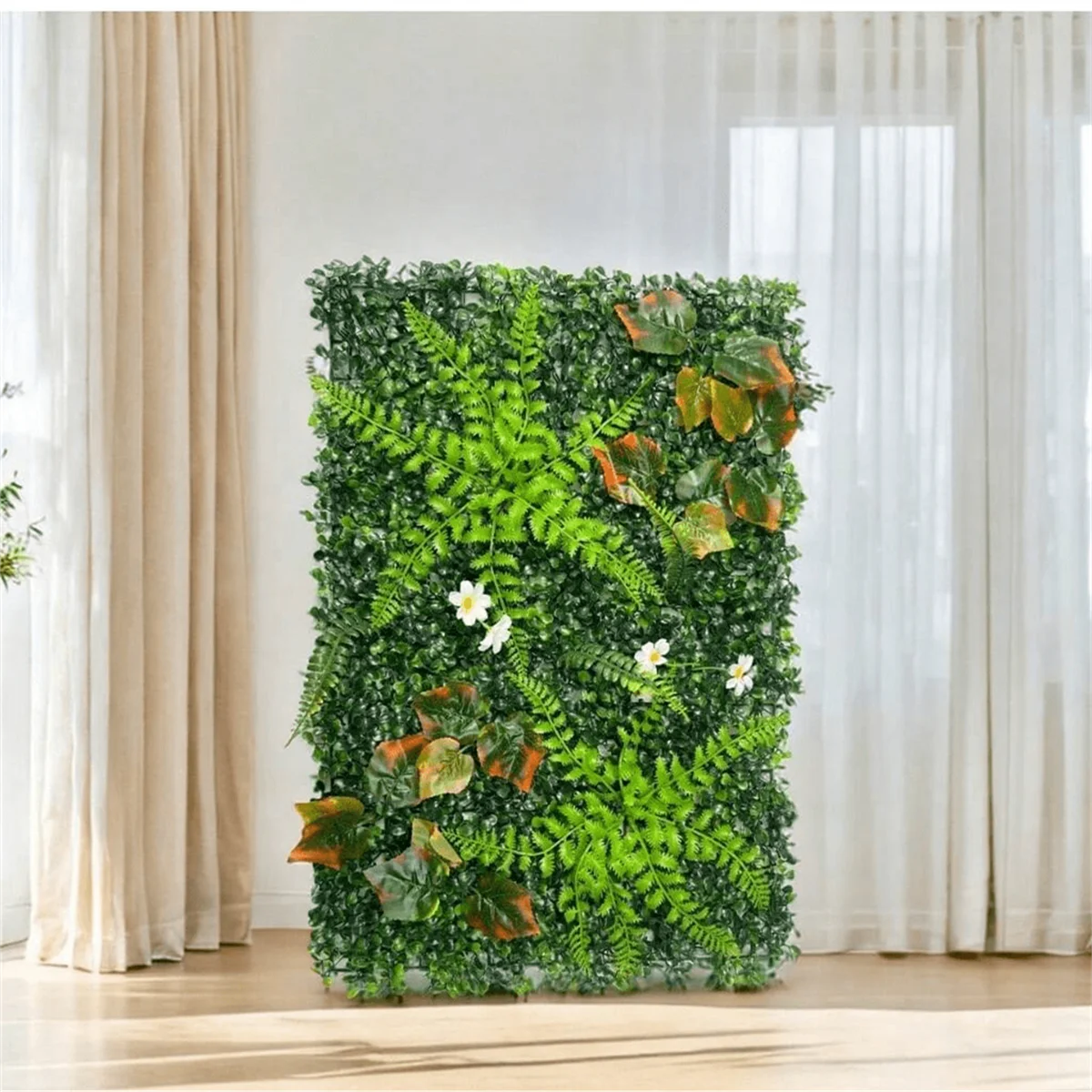 Kunstrasen-Wandpaneel mit Blumen, künstliche Pflanze, Sichtschutz, Heckenschutz, Gras-Hintergrund, grüne Wand, für den Innenbereich, Heimdekoration – Detail 6