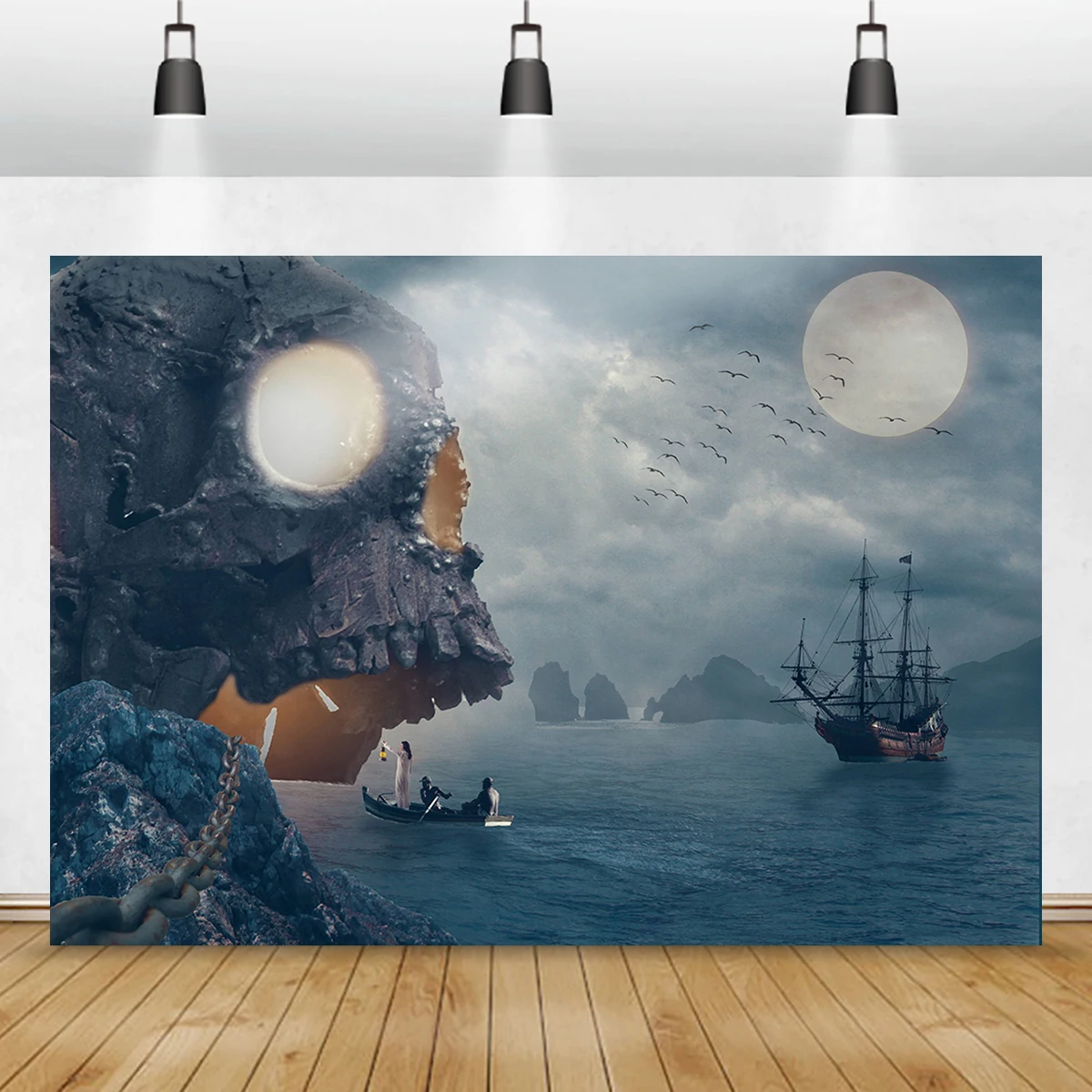 

Treasure Hunt Backdrop Ghost Skull Island Pirate Ship Bay Banner Haunted Game House Party Decorations Photography Room Decor