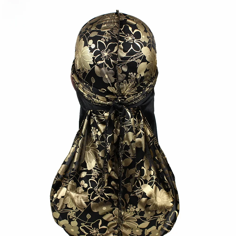 Unisex męskie damskie kwiatowa jedwabna Durag długie ramiączka Turban chustka nakrycie głowy fale czapka jedwabiste duragi akcesoria do włosów — zdjęcie 2