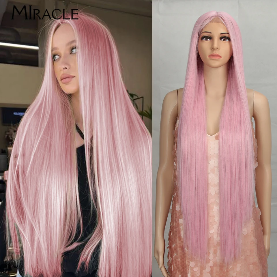 

MIRACLE Synthetic Straight Lace Wig for Women Blonde Cosplay Wig Soft Long 38Inch Fiber Hair Lace Front WIg Heat Resistant