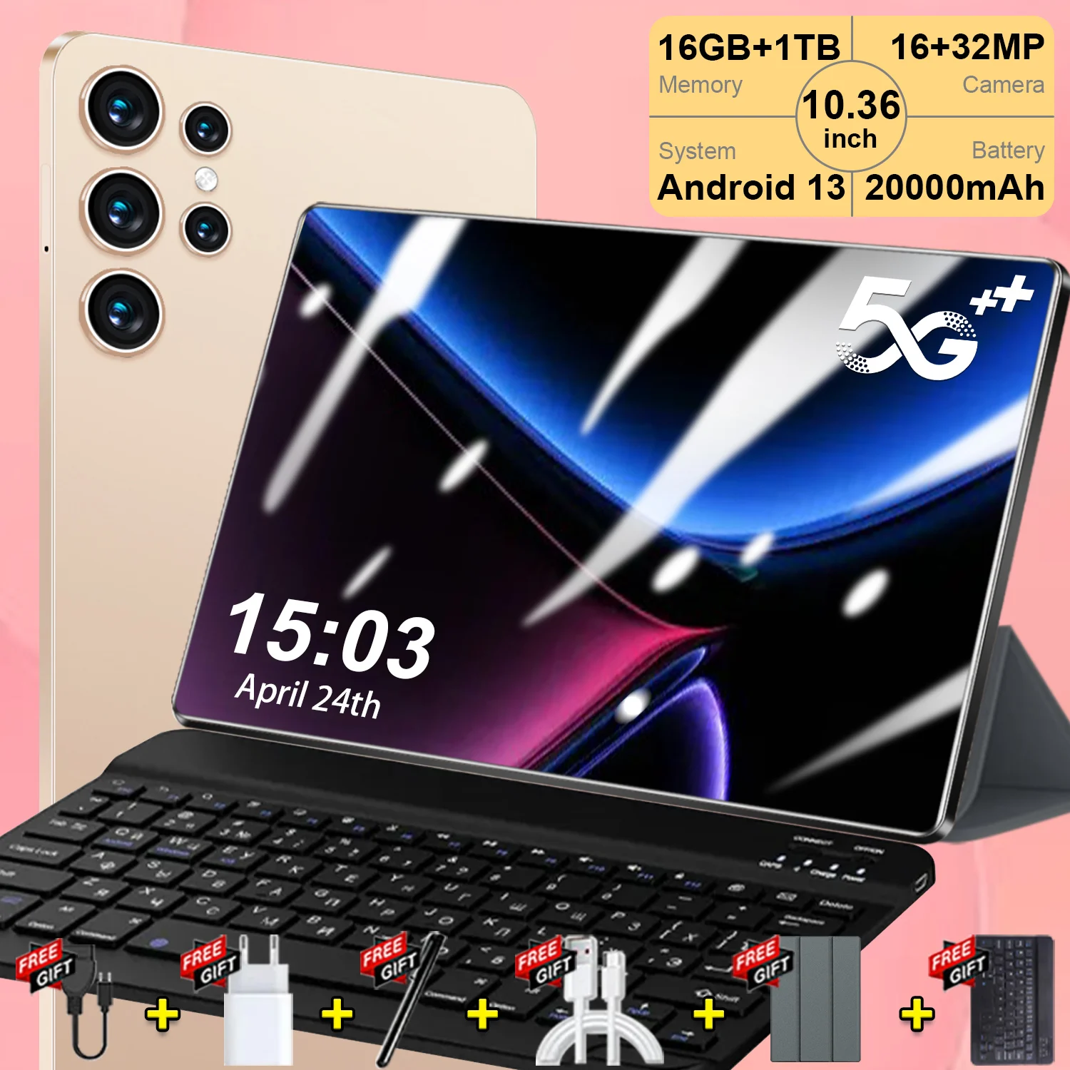 Tablet Android 20000mAh 10.36 pulgadas 5G 16GB RAM 1TB ROM Doble SIM Tablet WiFi BT Cámara 16MP+32MP Android 13 14 Núcleos GPS Tablet para Estudio