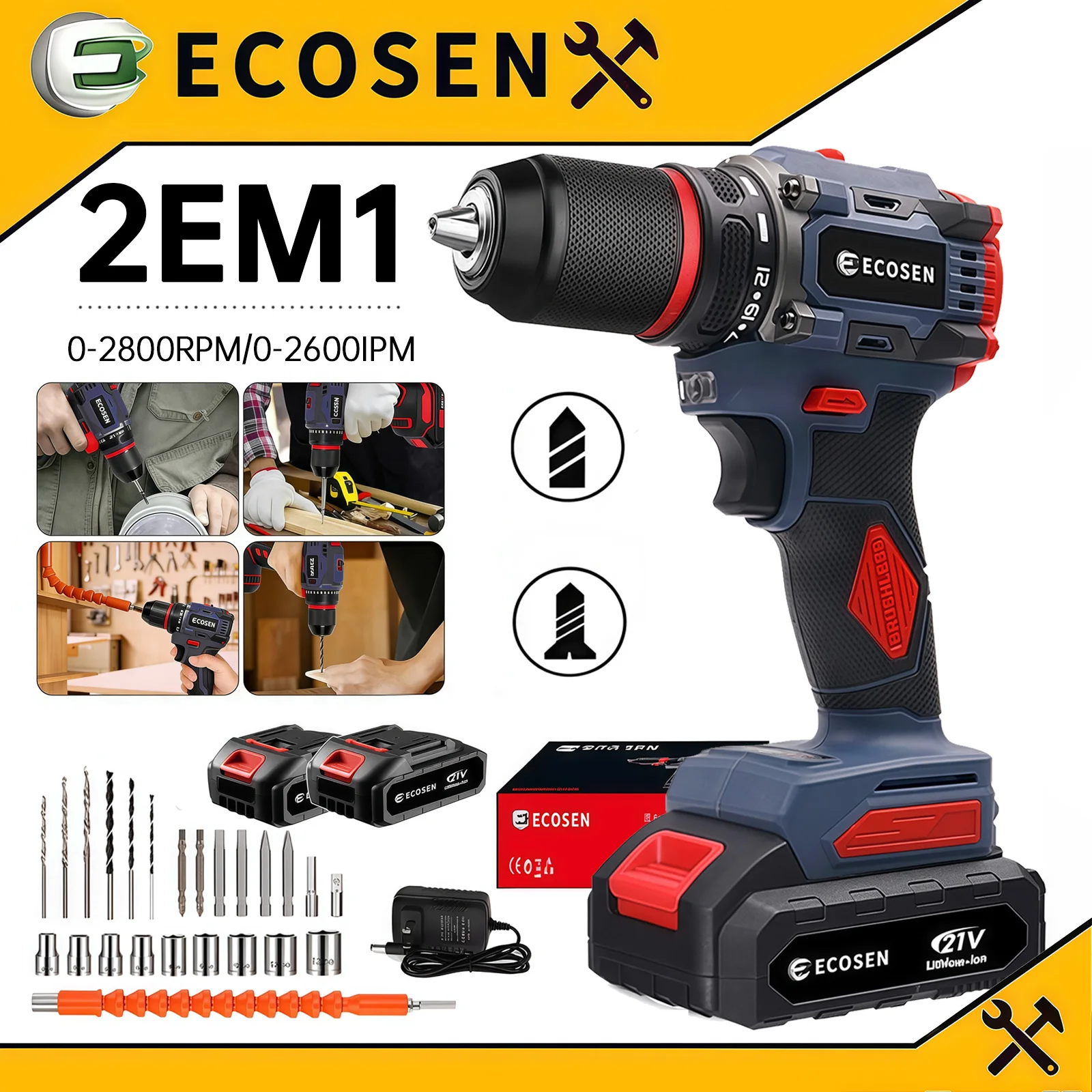 Furadeira Parafusadeira Sem Fio Brushless 16.8V/21V com 2 Baterias, Kit Completo com Acessórios e Carregador Bivolt