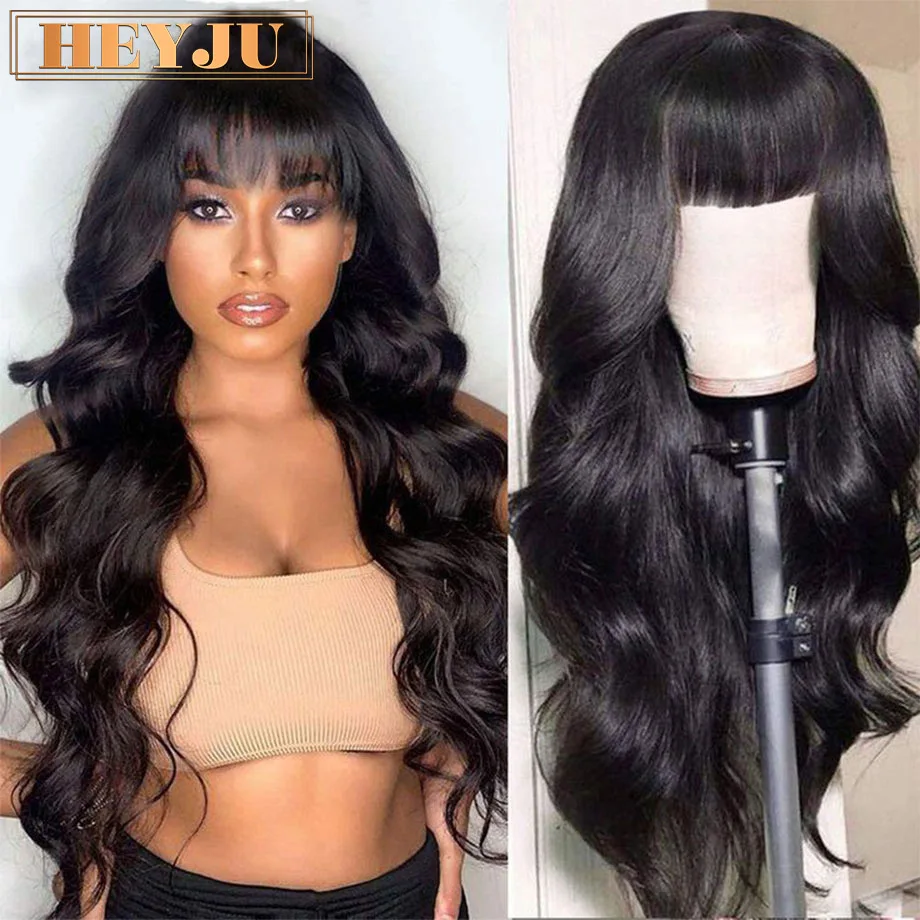 Body Wave Human Hair Wigs With Bangs 30 Inch Full Machine Made Wig Brazilian Wavy Short Bob With Bang Human Hair Wigs For Women