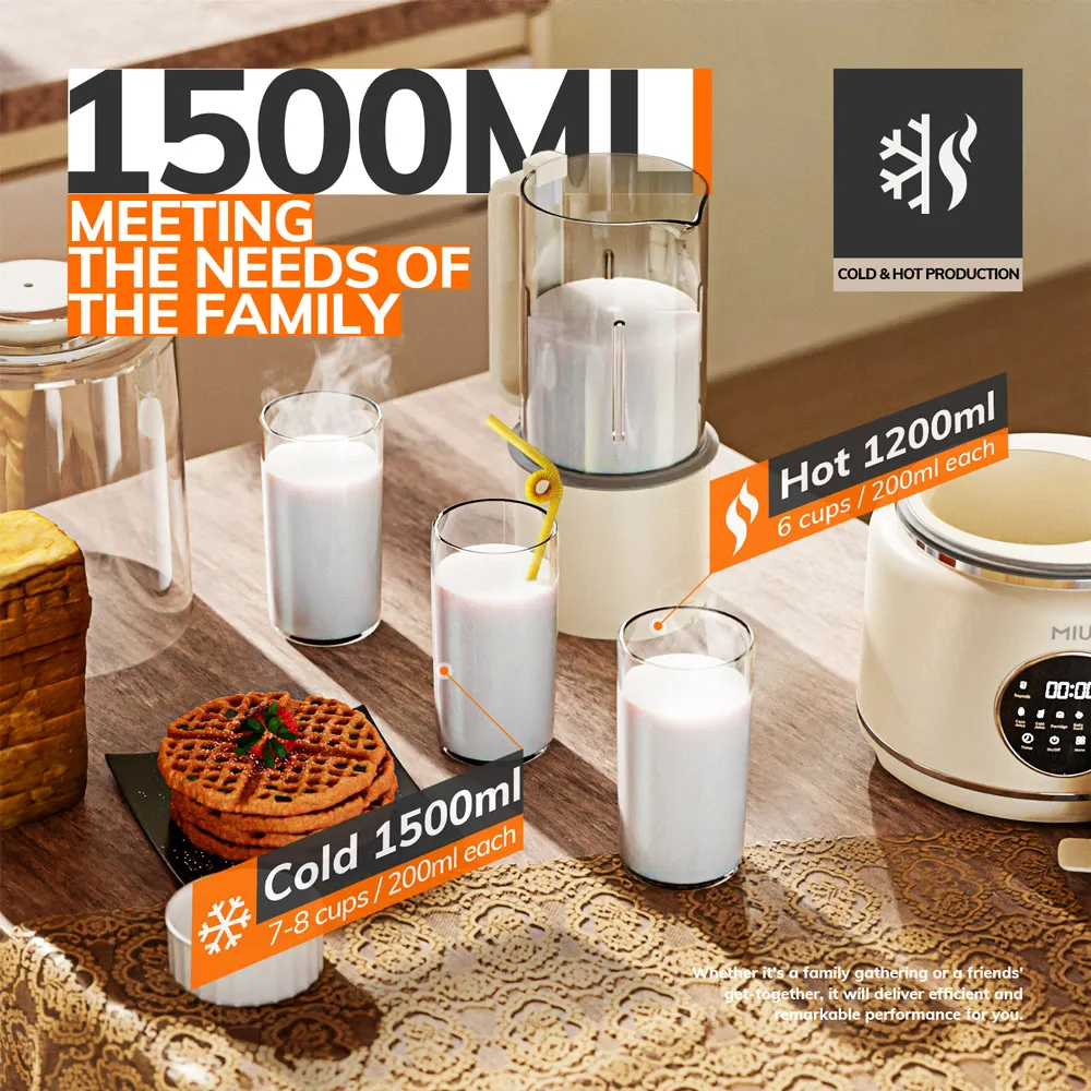 MIUI 1.5L Quiet Blender Low Noise Food Processor Soundproof Heat Milk Soup Quiet Smoothie Blender for Home Kitchen Self-Cleaning