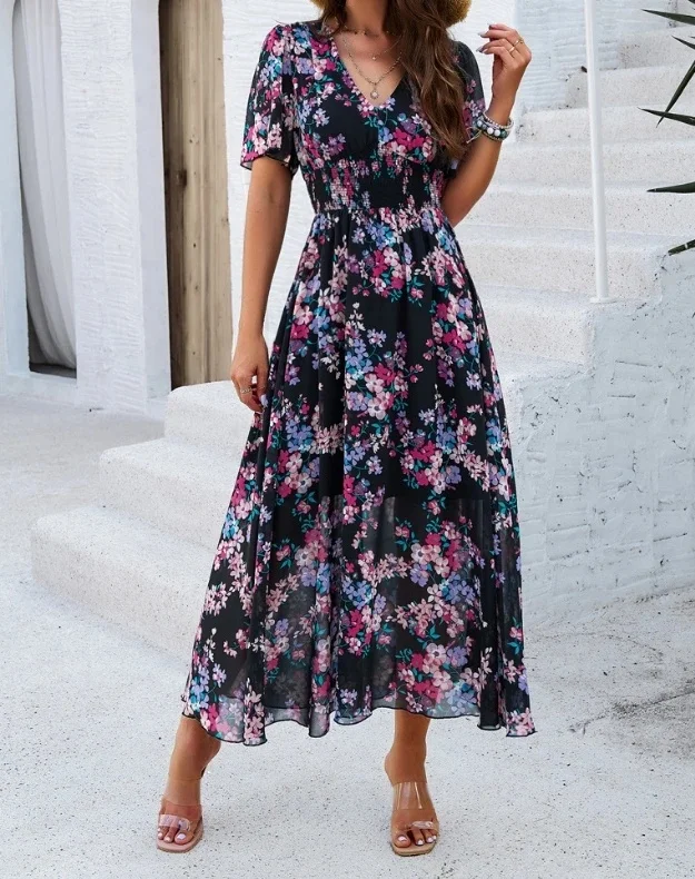 Robe élégante imprimée à manches courtes pour femmes, robe de tempérament pour femmes, vêtements de mode pour femmes, nickel é, nouveau, 2024