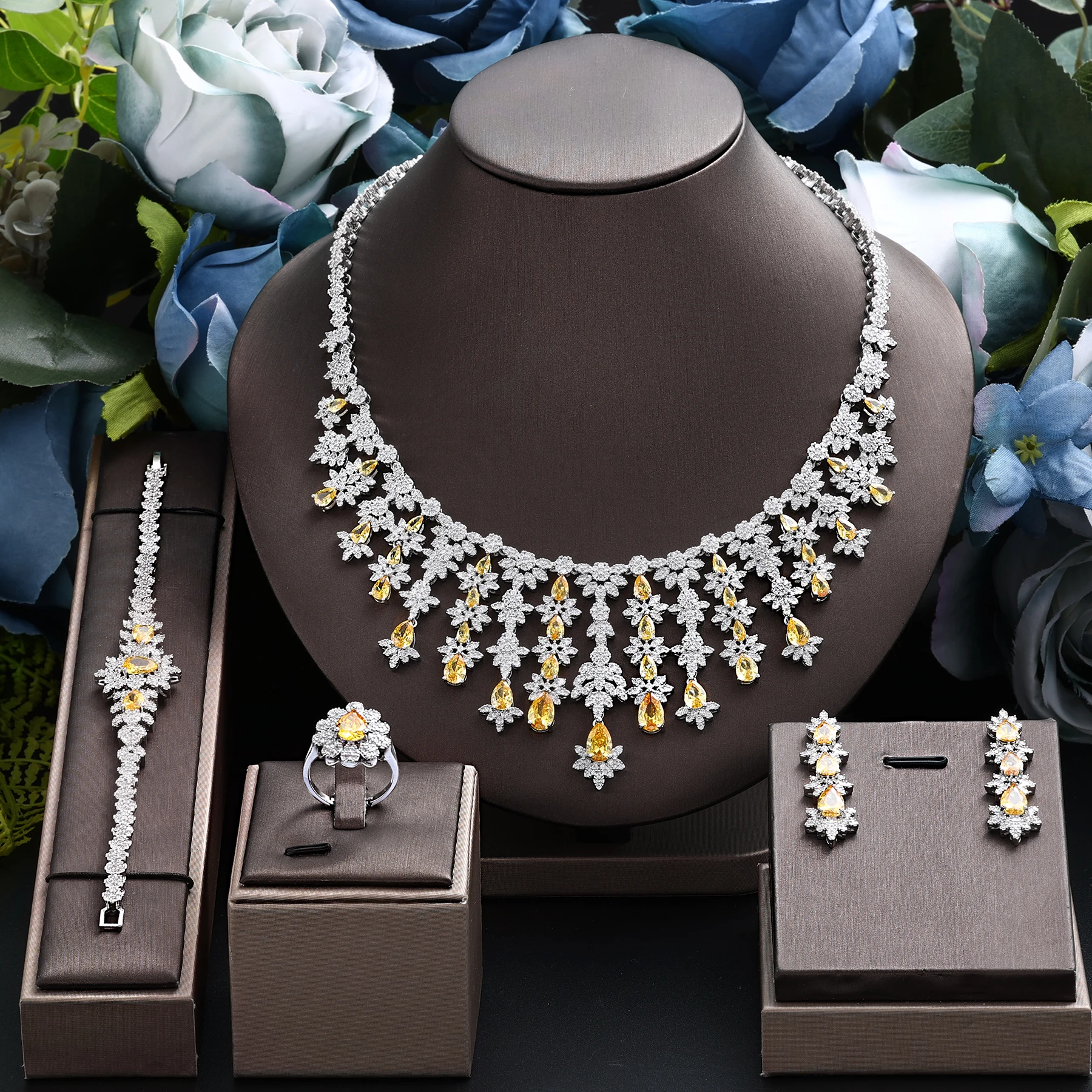 

4 Pcs Super Luxury Cubic Zirconia Bridal Wedding Party Costume Nigerian Dubai Jewelry Set for Brides Accessories