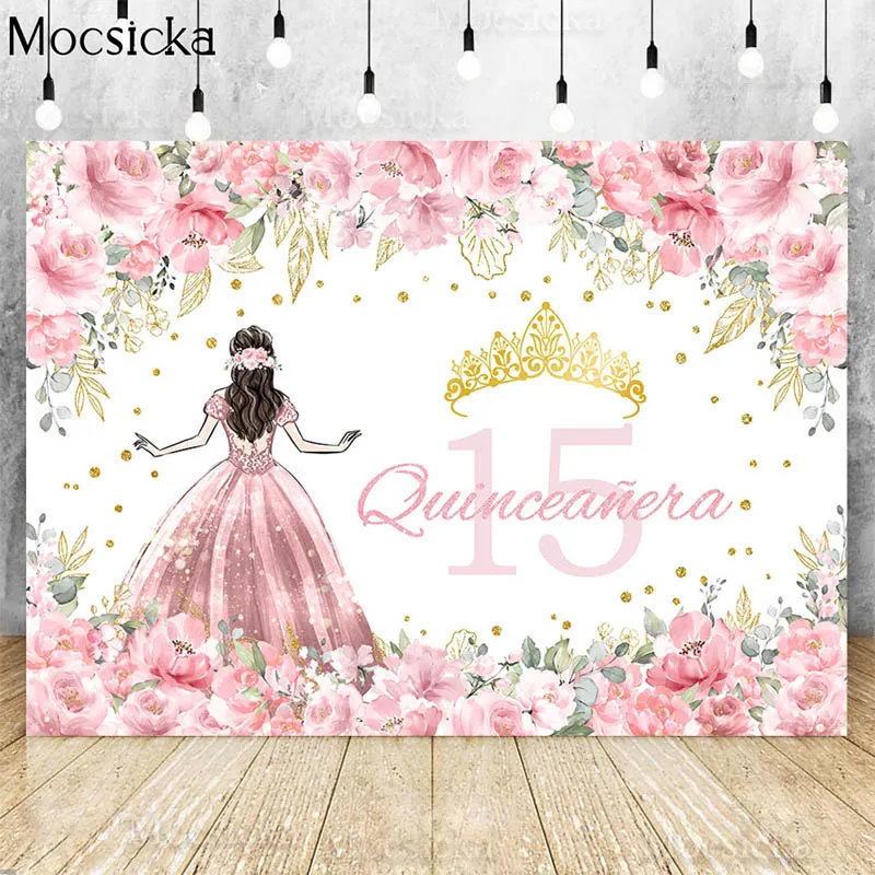 Quinceanera 15th Princess Birthday Backdrops For Photography Sweet Girl Green Dress Flowers Crown Party Decor Banner Background