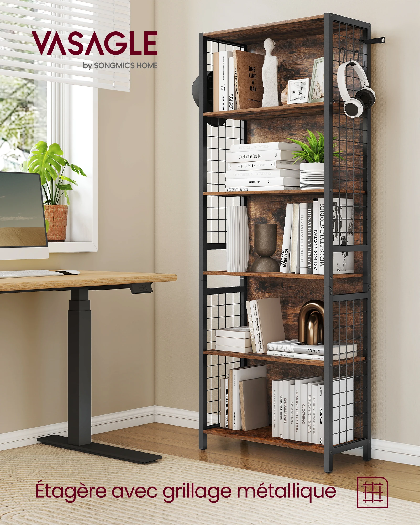 Bibliothèque, Étagère à 6 Niveaux, Meuble de Rangement, 30 x 60 x 175,6 cm, avec 4 Crochets en S, pour Bureau, Salon, Cadre en Acier