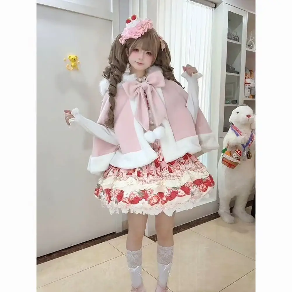 2026 Christmas Women Winter Lolita Hooded Cape Coat Kawaii Bow Design Warm Cloak Patchwork Sweet Outerwear Jacket Overcoat