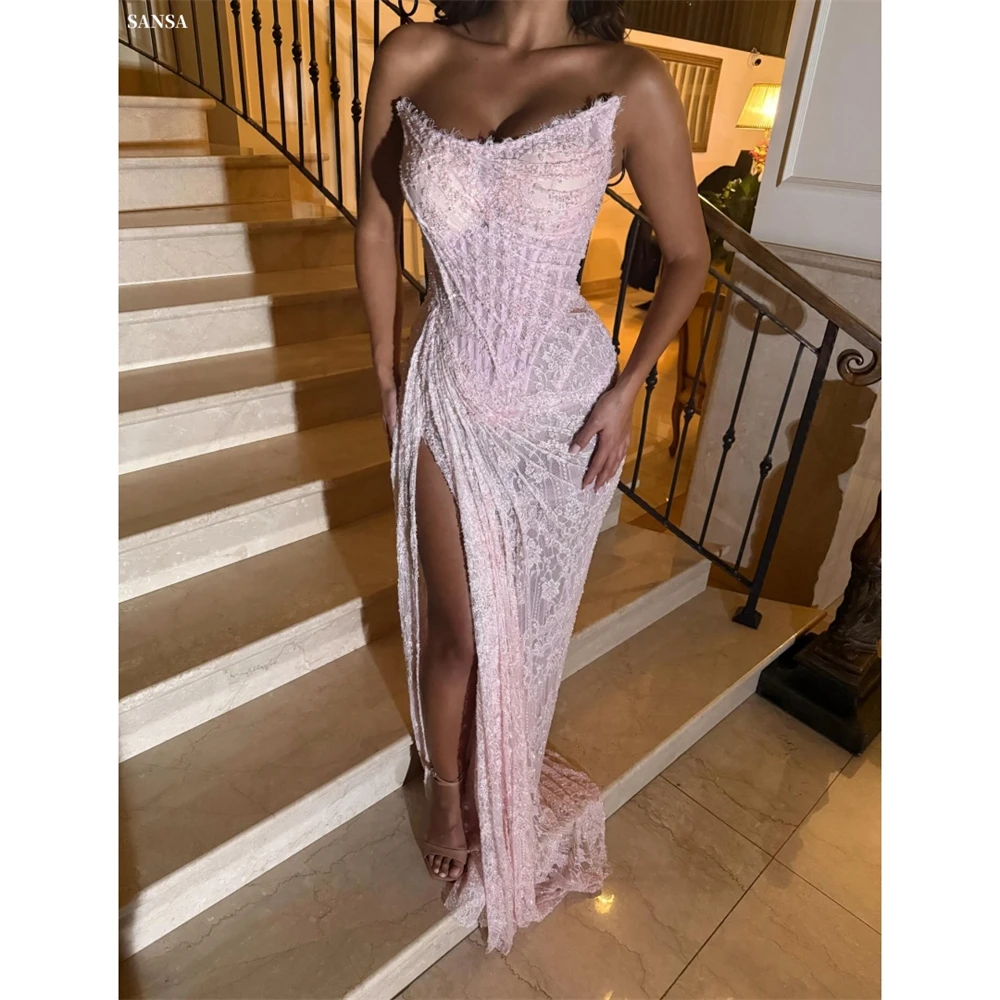 Sansa Customized Pink Mermaid Side High Split Pleats Prom Dress Sleeveless Vestidos De Noche Floor-Length Formal Evening 2025