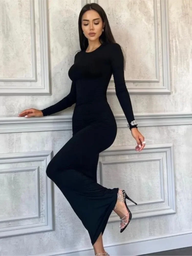 Trend Solid Color Slim Long Dresses Women Spring Autumn New Long Sleeve O Neck Package Hip Bodycon Dress Vestido Lady Streetwear — zdjęcie 2