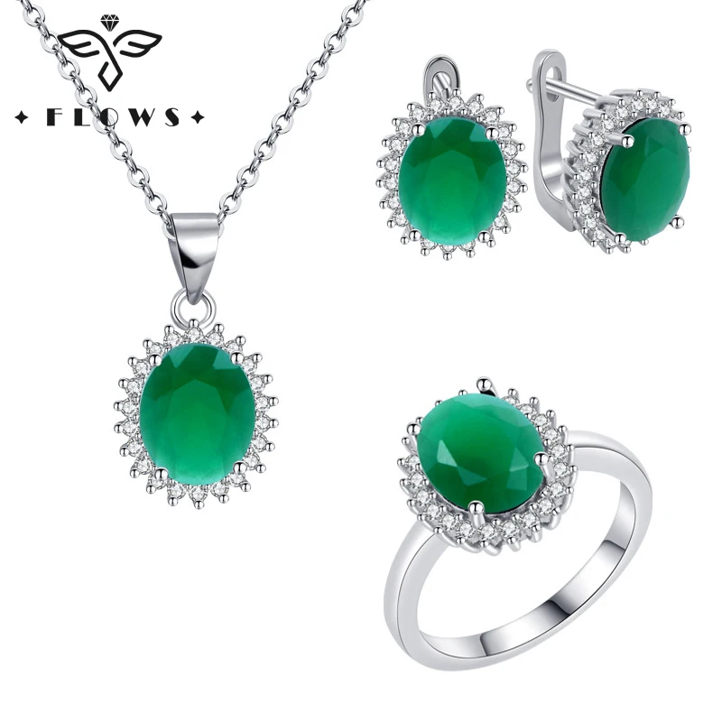 FLOWS 925 Sterling Silver Luxury Oval Emerald Jewelry Set High Quality 5A Zircon Earrings Necklace Fine Jewelry Gift for Women