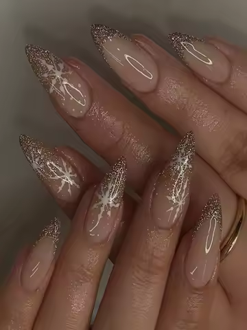 24Pcs French Almond Tip Press on Nails Medium Length Gold Glitter Powder Flower Design Nude False for Women