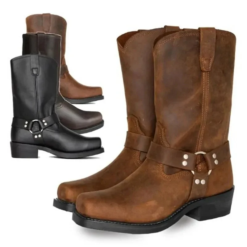 Luksusowe Retro Kowbojki Męskie Botki Westernowe do Połowy Łydki Męskie Skórzane Botki Wsuwane Zimowe Rycerskie Botki Plus Size 48 — zdjęcie 2