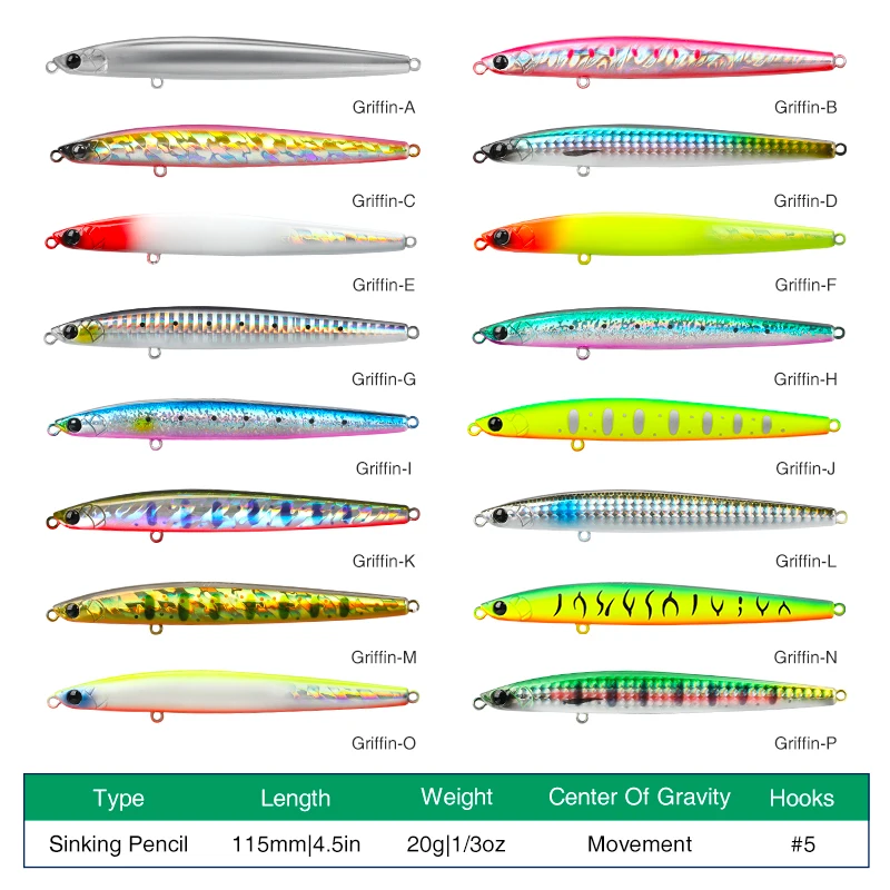 TSURINOYA 115S Slim Sinking Pencil Fishing Lure GRIFFIN 115mm 20g Inshore Sea Fishing Seabass Bluefish Barracuda Hard Baits