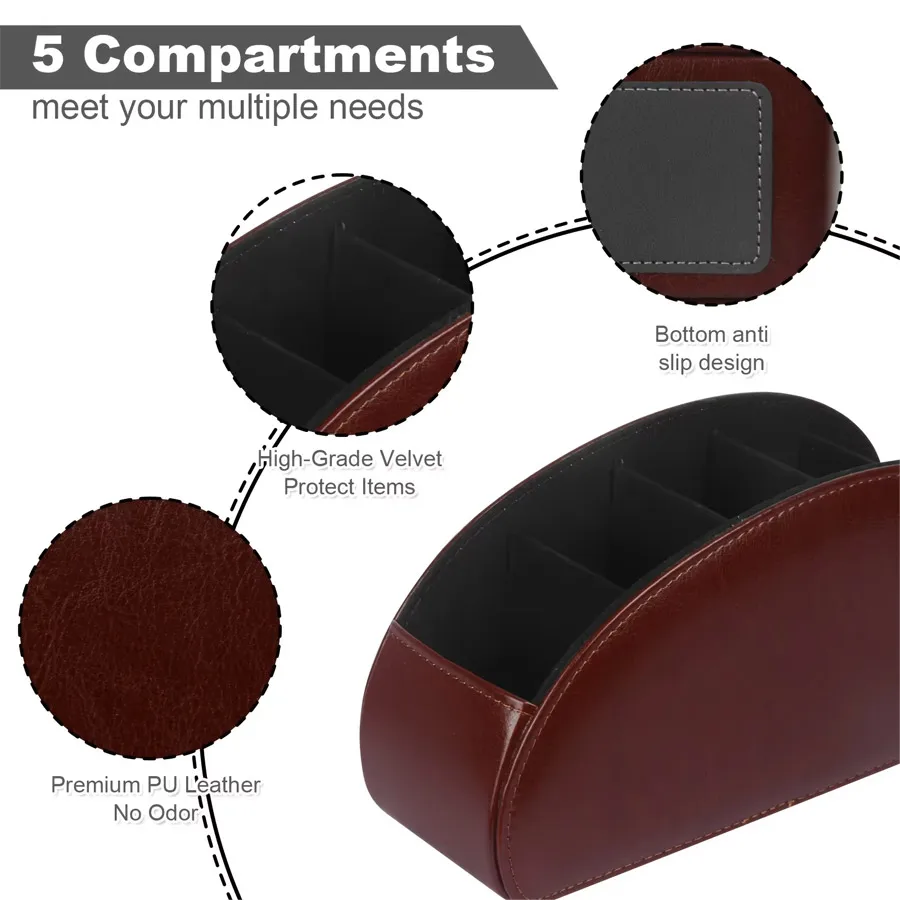 1Pc 5 Grid PU Leather Desktop Organizer, Remote Control Phone Storage Box Makeup Brush Holder for Home Office Desk view 3