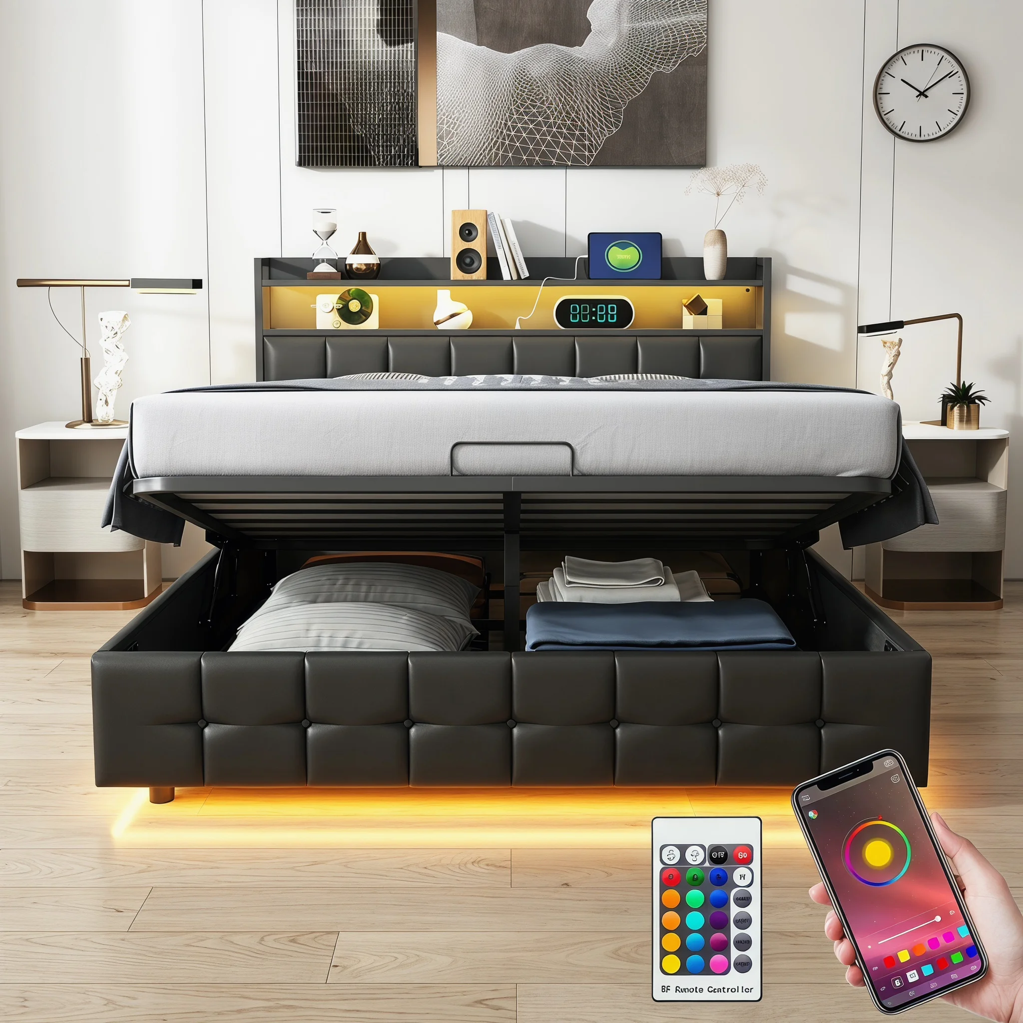 Anajqaqia Lit de rangement hydraulique 140 x 190 cm, lit rembourré, lit double avec LED et USB, tête de lit avec espace de rangement, sans matelas, PU, noir