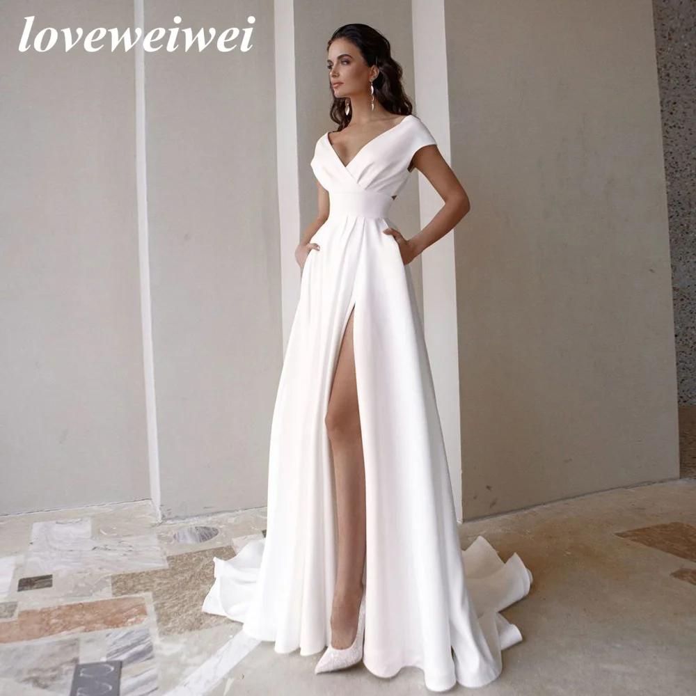 

Modest V-Neck Civil Wedding Dress for Women Fashion Cap Sleeve Sweep Train Side Slit A Line Bridal Gown With Pockets Custom Made