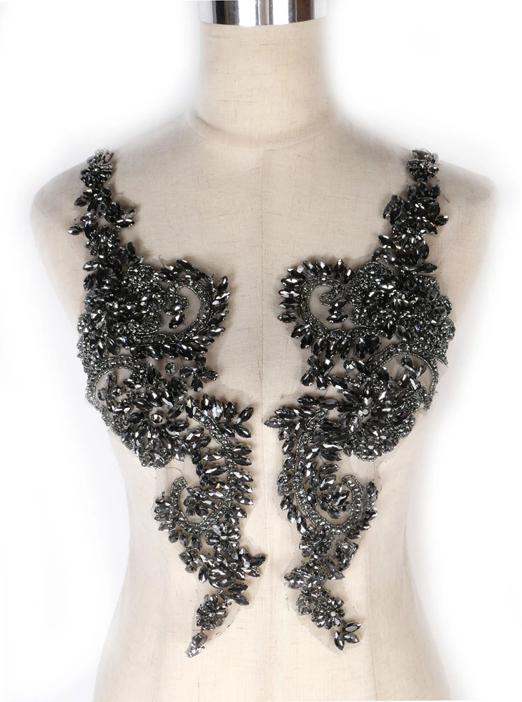HelluyerDc Black rhinestones beaded applique,14cm*39cm large applique for clothing decoration, embroidery on tulle sew on patch