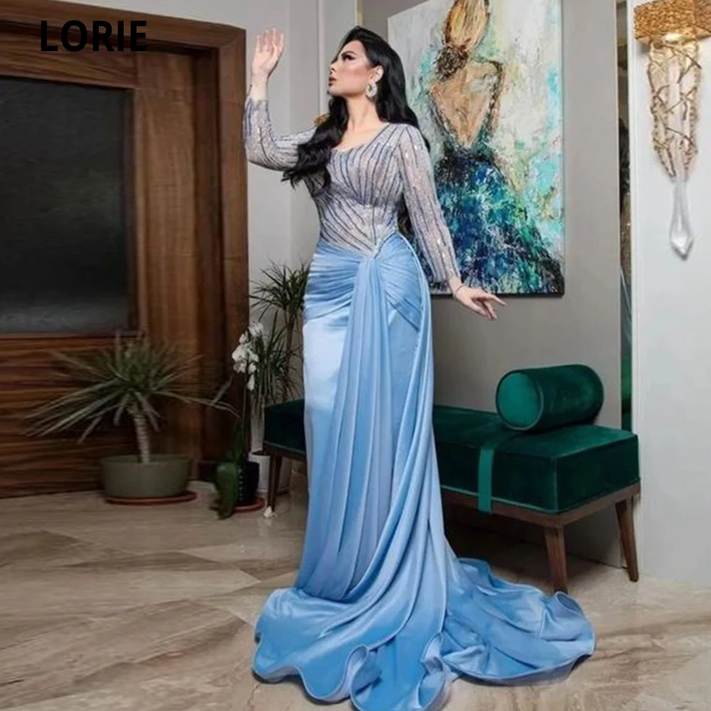 

LORIE Sky Blue Arabic Velour Mermaid Evening Gowns Beaded Shiny Long Sleeves Party Dresses Prom Gown Women Vestidos De Noche