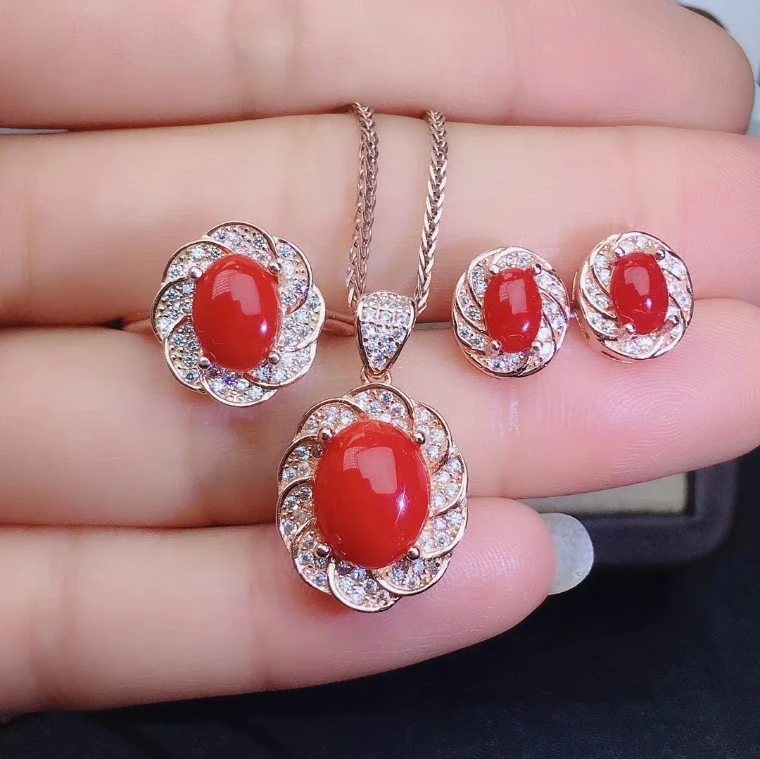 

KJJEAXCMY Girls' Natural Red Coral Gem Necklace Pendant Ring Earring Set 925 Pure Silver Plated Rose Gold Gift for Girlfriend