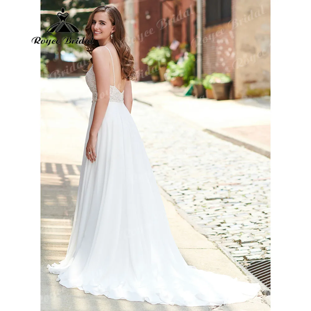 hochzeit Split Side Chiffon V Neck Wedding Dress for Bride 2024 Spaghetti Straps Open Back Flowying Train Wedding Party Gown